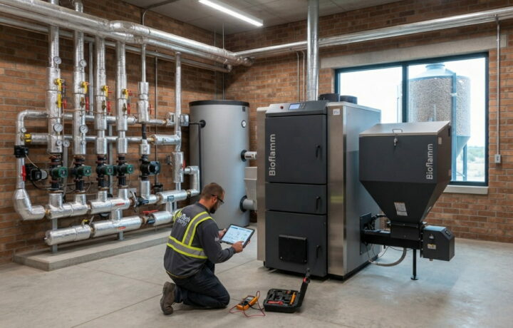 Sala de calderas con instalación de biomasa y depósito de inercia