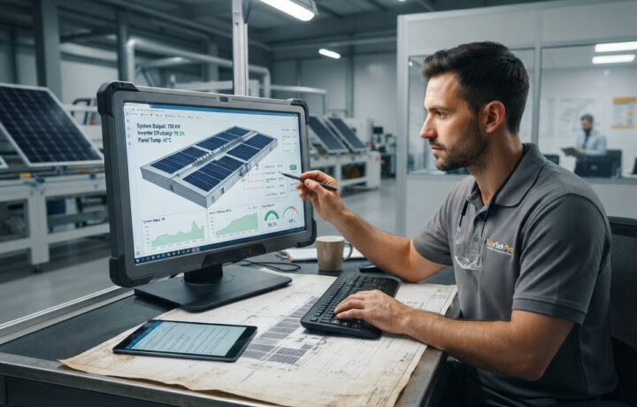 Ingeniero analizando la producción de una instalación fotovoltaica