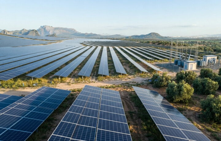 Vista aérea de una planta solar con su centro de transformación