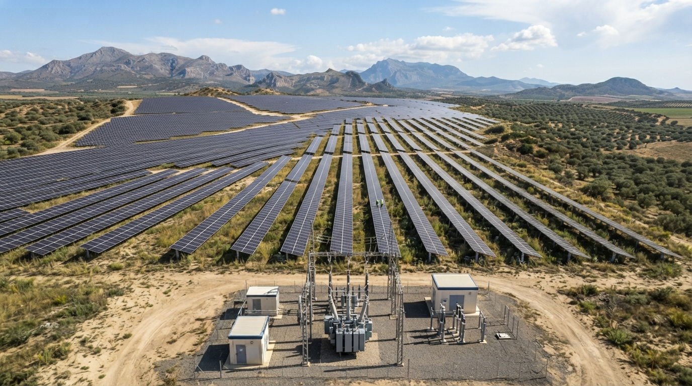 Planta fotovoltaica sobre seguidores solares al atardecer