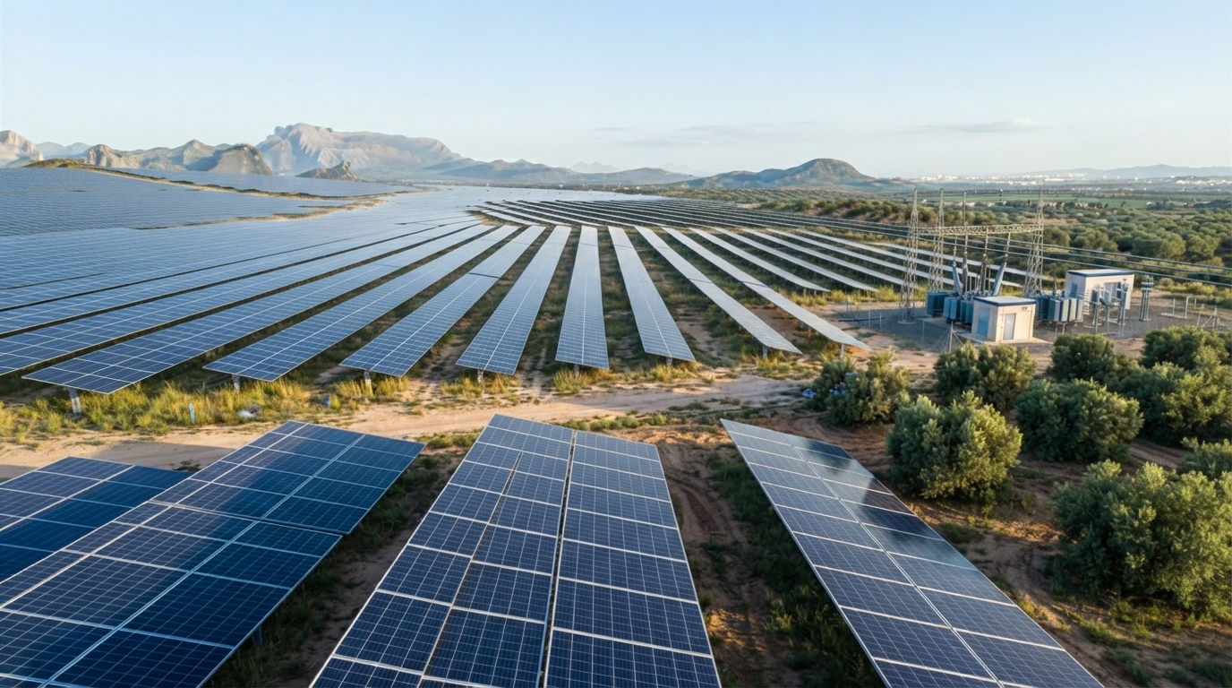 Vista aérea de una planta solar fotovoltaica en explotación