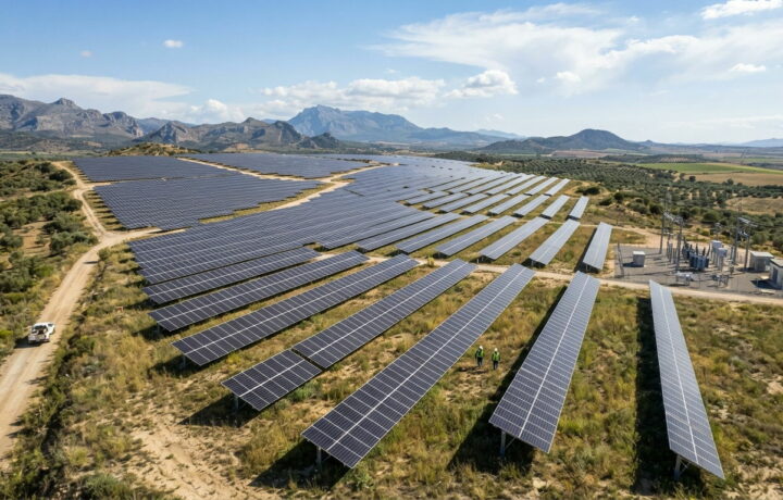 Filas de seguidores solares de una planta fotovoltaica