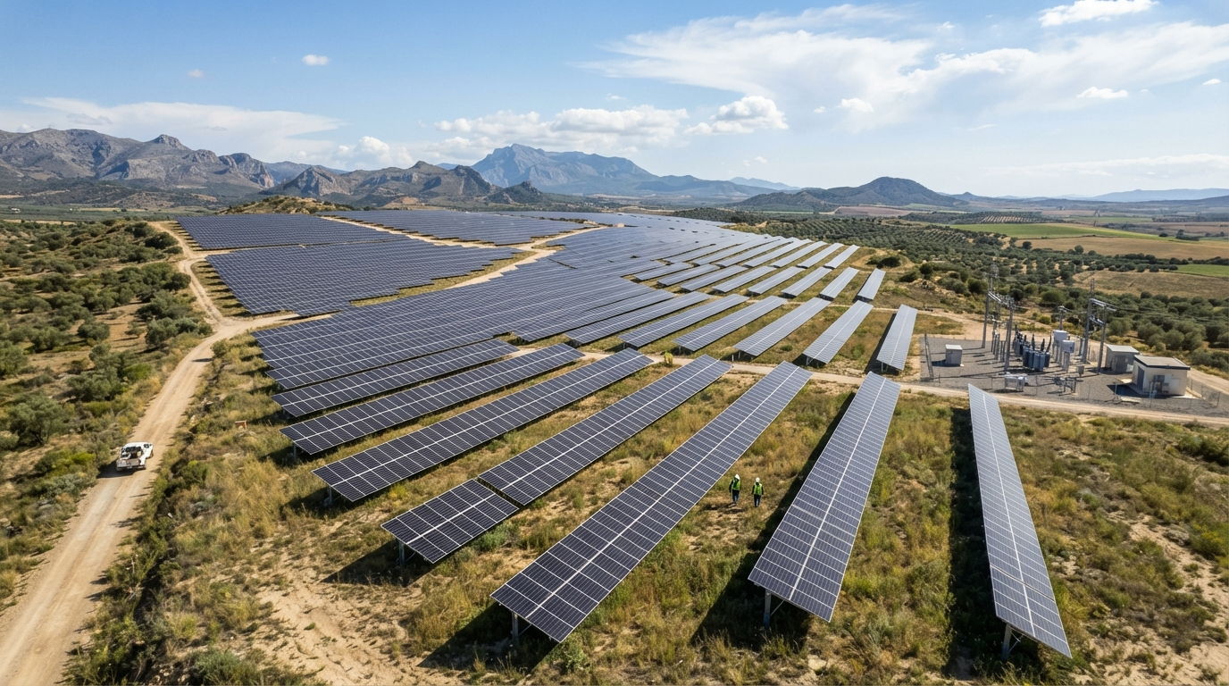 Filas de seguidores solares de una planta fotovoltaica