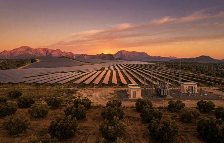 Planta solar con subestación eléctrica al atardecer