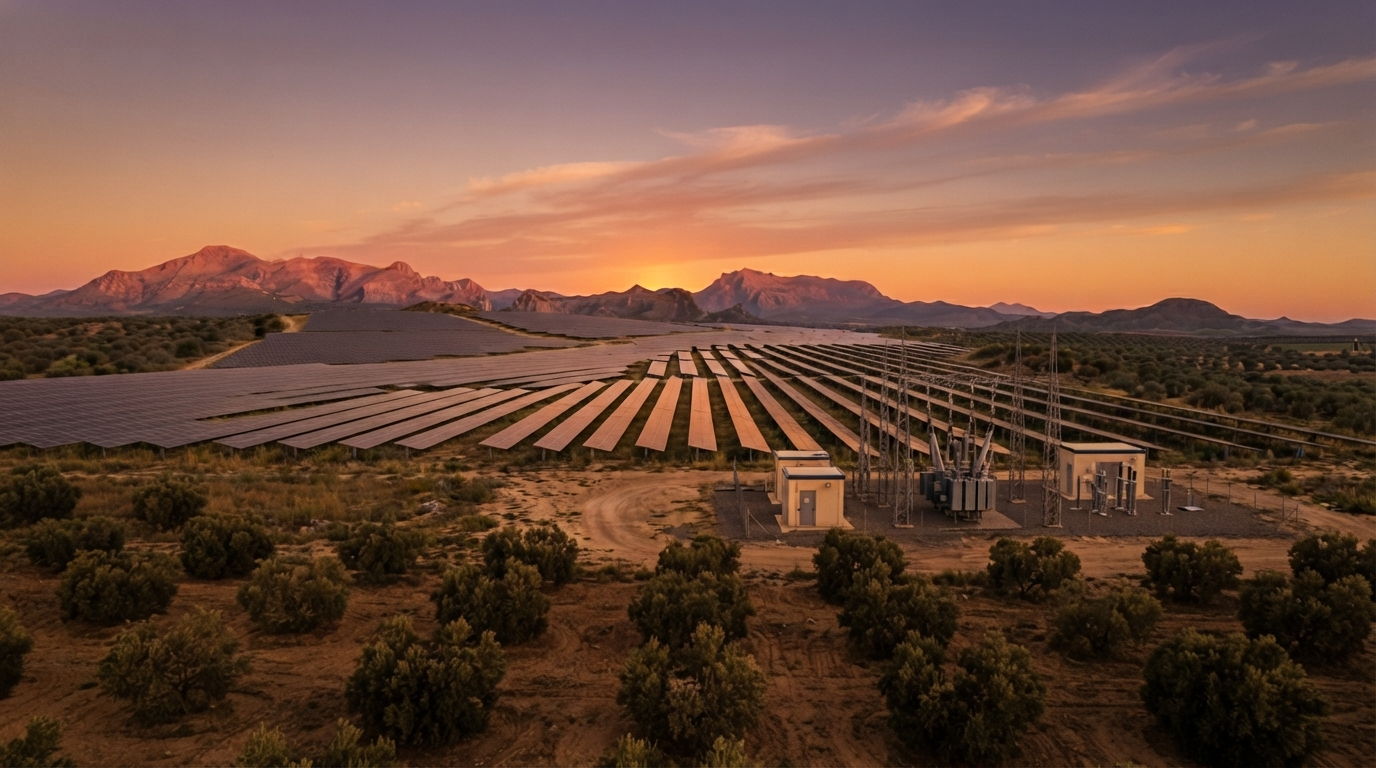Planta solar con subestación eléctrica al atardecer