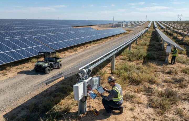 Técnico revisando el cuadro de un seguidor solar en campo